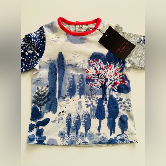Catimini Baby Boy’s T-shirt NWT Italian Gray Blue Red Tree Cats - Picture 2 of 7